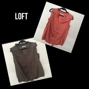 2 Loft Peach and Cocoa Ruched Sleeveless Blouses